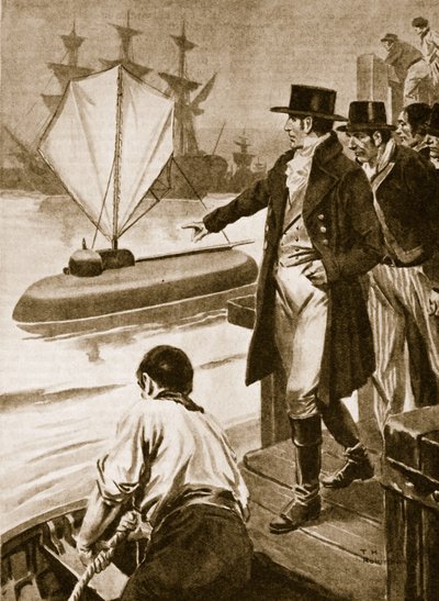 Robert Fulton en Francia mostrando su submarino "Nautilus" en funcionamiento (litografía) de Thomas Heath Robinson