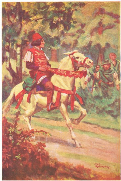 Robin y su compañero vieron al maestro Patrington cabalgando hacia ellos (litografía en color) de Thomas Heath Robinson