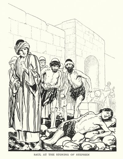 Saulo en la lapidación de Esteban (litografía) de Thomas Heath Robinson