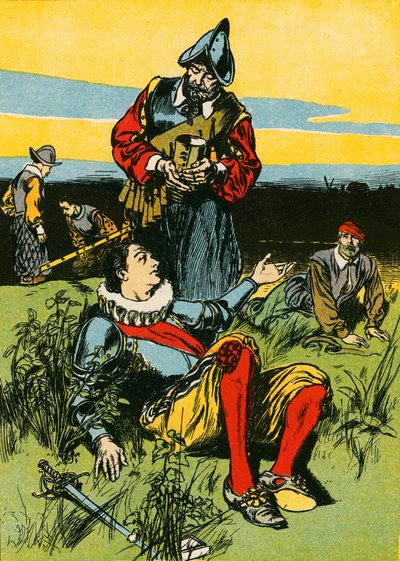 Sir Philip Sidney y el soldado moribundo (litografía en color) de Thomas Heath Robinson