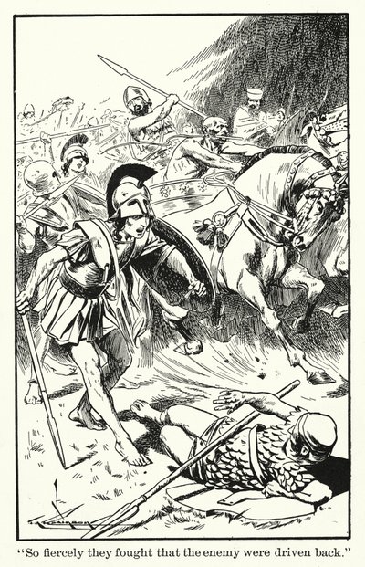 "Lucharon tan ferozmente que el enemigo fue expulsado" (litografía) de Thomas Heath Robinson