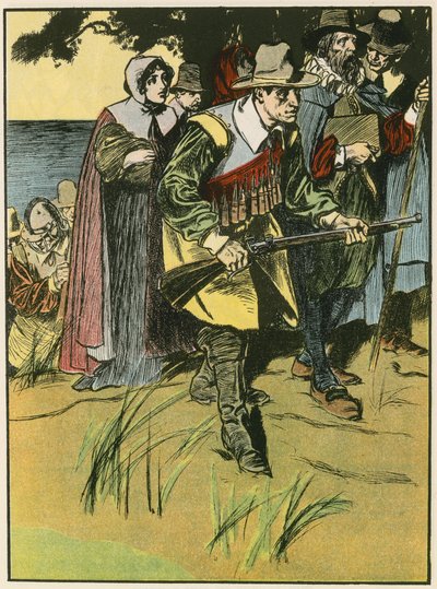 Los Padres Peregrinos entran en el Nuevo Mundo (litografía en color) de Thomas Heath Robinson