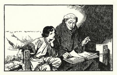 El futuro rey Alfredo recibiendo educación (litografía) de Thomas Heath Robinson