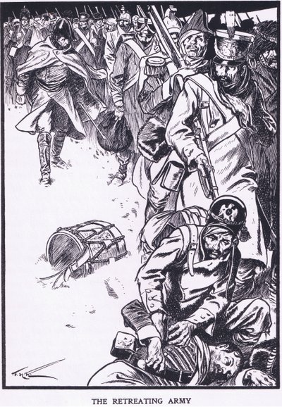 El ejército en retirada (litografía en color) de Thomas Heath Robinson