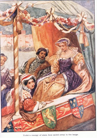 Bajo un dosel de estado, Jane se alejó en la barcaza (litografía en color) de Thomas Heath Robinson