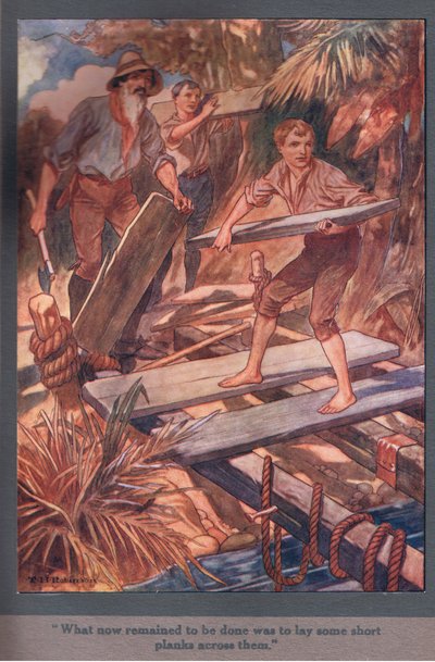 Lo que quedaba por hacer era colocar unos tablones cortos sobre ellos (litografía en color). de Thomas Heath Robinson
