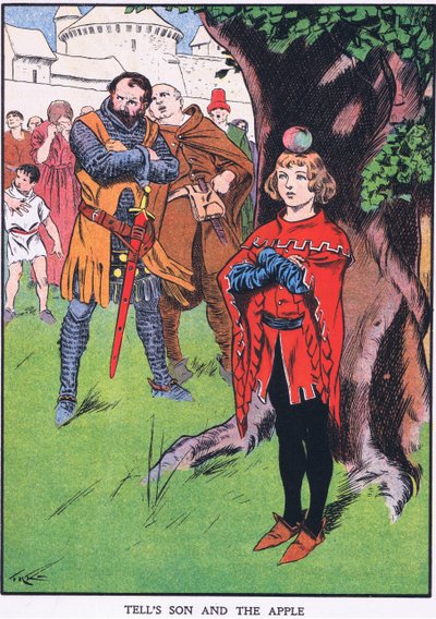 El hijo de Guillermo Tell y la manzana (litografía en color) de Thomas Heath Robinson