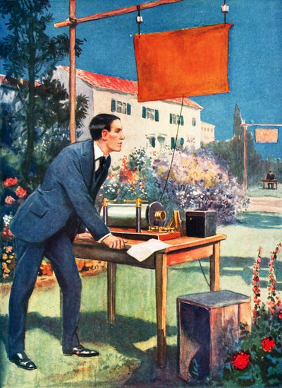 Telegrafía sin hilos, uno de los primeros experimentos de Marconi (litografía en color) de Thomas Heath Robinson