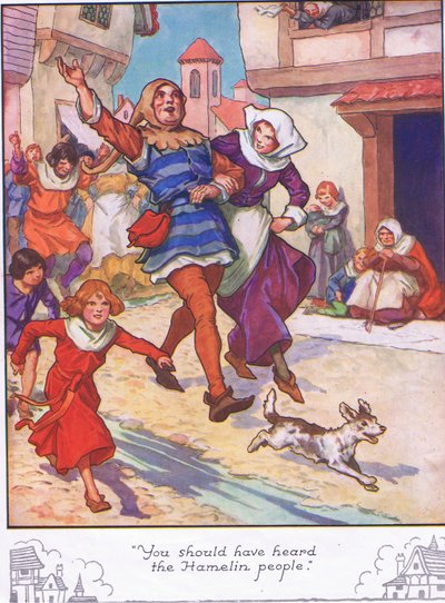 "Deberías haber oído a la gente de Hamelin" (litografía en color) de Thomas Heath Robinson