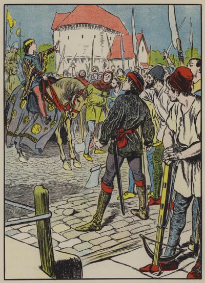 El joven rey Ricardo sofoca la rebelión (litografía en color) de Thomas Heath Robinson