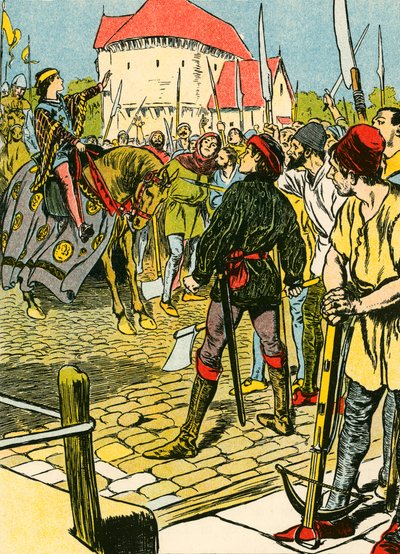 El joven rey Ricardo sofoca la rebelión (litografía en color) de Thomas Heath Robinson