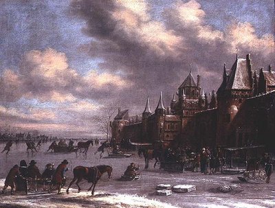 Escena de patinaje holandesa en un estuario de Thomas Heeremans