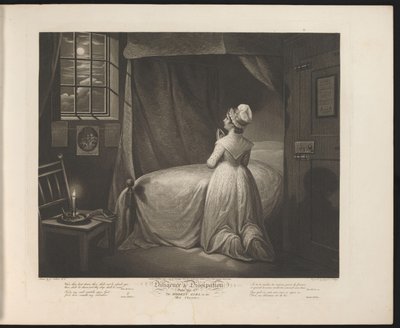 Criada humilde que ruega en su dormitorio Lámina 4. La chica modesta en el dormitorio (título del objeto) Virtud and Debauchery (título de la serie) Diligencia y disipación (título de la serie sobre el objeto) de Thomas Hellyer