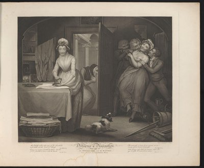 Criadas restringidas y licenciosas Placa 1. La chica modesta y los sirvientes libertinos en la casa de un caballero (título sobre el objeto) Virtud and Debauchery (título de la serie) Diligencia y disipación (título de la serie sobre el objeto) de Thomas Hellyer