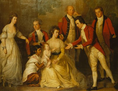 Retrato de grupo de una fiesta de bautizo con una dama sentada de cuerpo entero, con su esposo detrás de ella, su hijo atendido por una aya y cuatro padrinos de Thomas Hickey