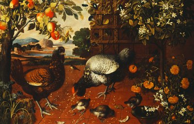 Un gallo, una gallina y polluelos en un patio de Thomas Hiepes
