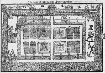 El modo de regar con una bomba en un cubo, de The Gardeners Labyrinth, 1577 de Thomas Hill