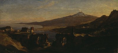 Vista desde las Ruinas del Teatro Griego en Taormina, Sicilia, con el Monte Etna (fumando) de Thomas Hiram Hotchkiss