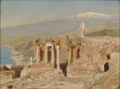 Vista de las Ruinas del Teatro Griego en Taormina y el Monte Etna, Sicilia de Thomas Hiram Hotchkiss