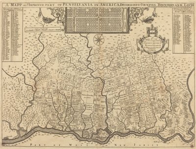 Mapa de la parte mejorada de Pensilvania en América, dividida en condados, municipios y lotes de Thomas Holme