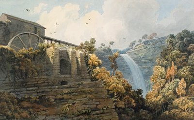 Cascada y horno de Melincourt (acuarela y lápiz sobre papel) de Thomas Hornor