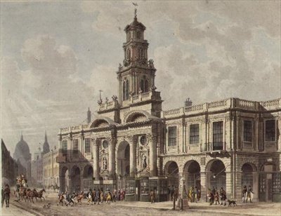 Vista del Royal Exchange, Cornhill, grabado por Daniel Havell, pub. 1816 por Ackermann