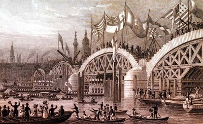 Nuevo Puente de Londres con la Procesión del Alcalde pasando bajo los Arcos Inacabados, grabado por Thomas Higham, publicado por Jones & Co. noviembre 1828 de Thomas Hosmer (after) Shepherd