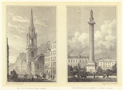 La Iglesia Tron, Calle Alta; Monumento de Lord Melville, Plaza St Andrew (grabado) de Thomas Hosmer (after) Shepherd