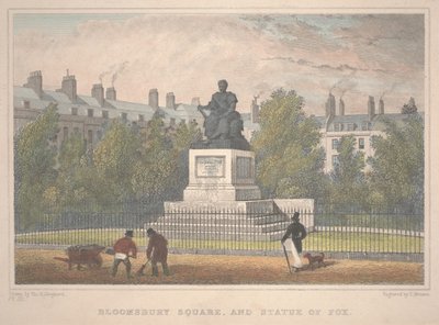 Bloomsbury Square con estatua de Fox, grabado por Charles Mottram de Thomas Hosmer Shepherd