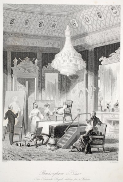 Palacio de Buckingham - La Princesa Real posando para un retrato, de Interiores de Londres con sus trajes y ceremonias pub. Joseph Mead, Londres, c.1843 de Thomas Hosmer Shepherd