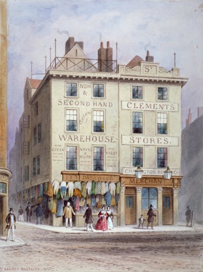 Tiendas de Clement en la intersección de Holywell Street y Wych Street, Westminster, Londres, 1855 de Thomas Hosmer Shepherd