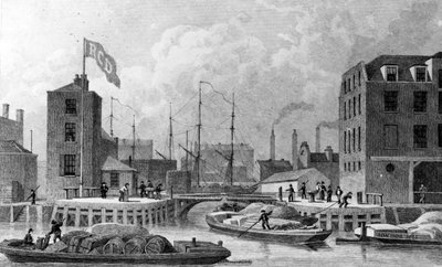Entrada al Canal del Regente, Limehouse, grabado por F. J. Havell de Thomas Hosmer Shepherd