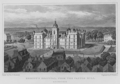 Hospital de Heriot, desde Castle Hill, Edimburgo (grabado) de Thomas Hosmer Shepherd