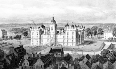 Hospital de Heriot, desde Castle Hill, grabado por William Watkins, c.1830 de Thomas Hosmer Shepherd