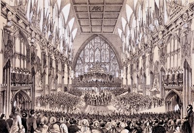 Interior del Guildhall - El Alcalde y la Corporación presentando su dirección al Emperador y la Emperatriz de Francia, 19 de abril de 1855 de Thomas Hosmer Shepherd