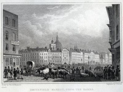 Mercado de Smithfield desde los Barrs, grabado por Thomas Barber, c.1830 de Thomas Hosmer Shepherd