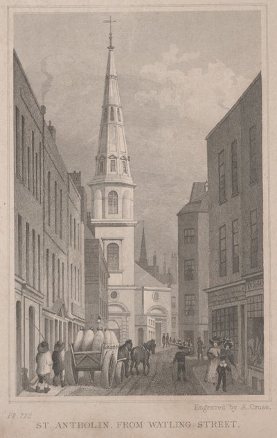 San Antholin, desde Watling Street, grabado por A. Cruse, c.1830 de Thomas Hosmer Shepherd