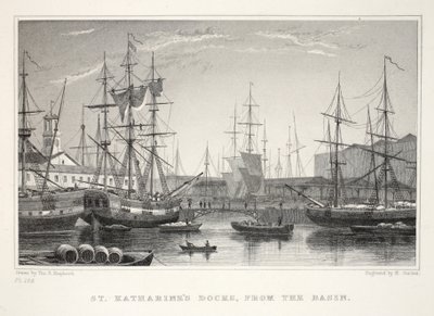 St Katherine Docks, desde el Basin, Tower, de Londres y sus alrededores en el siglo XIX pub. Jones und Co., 1827-1829 de Thomas Hosmer Shepherd