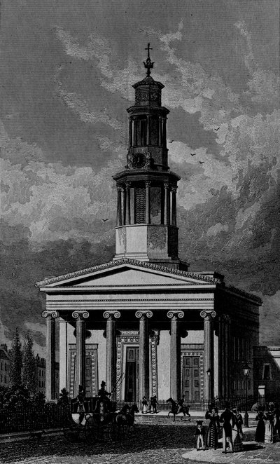 Iglesia de San Pancracio, Frente Oeste, grabado por James Tingle 1827 de Thomas Hosmer Shepherd