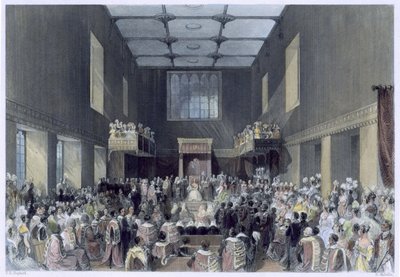 La Cámara de los Lores, Su Majestad abriendo la sesión del Parlamento, grabado por Henry Melville, c.1840 de Thomas Hosmer Shepherd