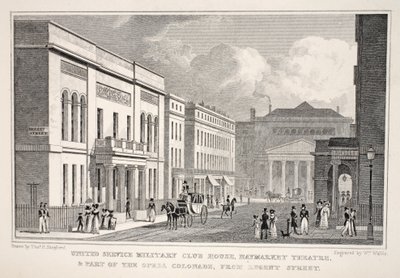 Casa del Club Militar del Servicio Unido, Teatro Haymarket y parte de la Columnata de la Ópera desde Regent Street, de 
