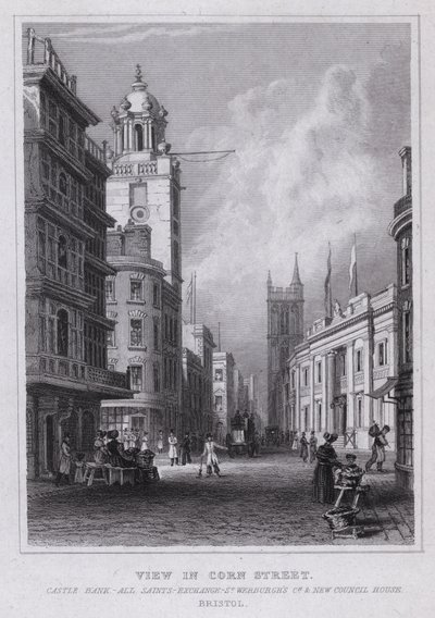 Vista en Corn Street, Castle Bank, All Saints, Exchange, Iglesia de St Werburgh y New Council House, Bristol de Thomas Hosmer Shepherd