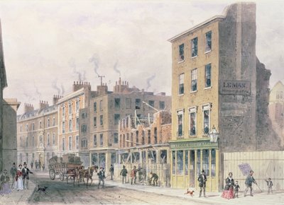 Vista en Threadneedle Street, tirando hacia abajo para mejoras, Merchant Taylors, Hall o Alderman Moon Print Shop en la esquina de Finch Lane de Thomas Hosmer Shepherd
