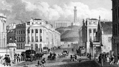 Waterloo Place, los monumentos Nacional y de Nelson y Calton Hill, Edimburgo, grabado por Thomas Barber, 1829 de Thomas Hosmer Shepherd