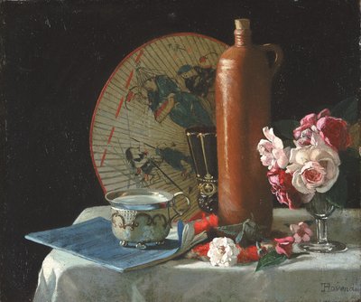 Naturaleza muerta con abanico y rosas de Thomas Hovenden