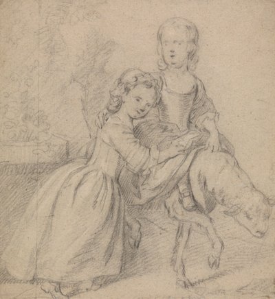 Dos niñas en un paisaje, una montando un cordero de Thomas Hudson