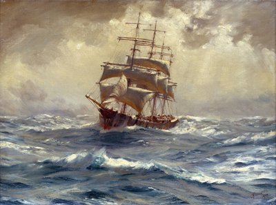 Un barco con 4 mástiles embrujado antes de la tormenta, este tipo de barco se utilizaba para comerciar con grano y nitrato desde Sudamérica, alrededor del Cabo de Hornos (Chile) de Thomas J. Somerscales