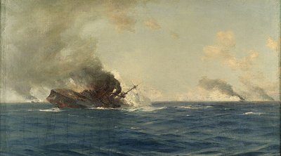 Hundimiento del "Scharnhorst" en la Batalla de las Islas Malvinas, 8 de diciembre de 1914, c.1915 (óleo sobre lienzo) de Thomas J. Somerscales