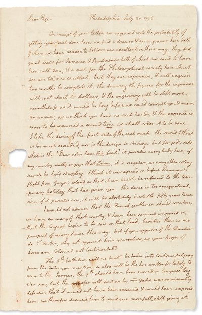 Carta autógrafa a John Page, Filadelfia, 30 de julio de 1776 de Thomas Jefferson