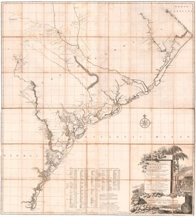 Mapa de Carolina del Sur y parte de Georgia por De Brahm de Thomas Jefferys